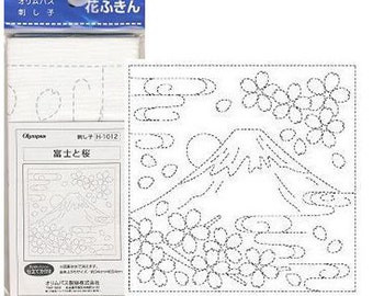 Sashiko Sampler PATTERN - Mt Fuji & Sakura - White - #H1012