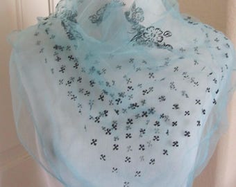 Turquoise Flocked Sheer Nylon Scarf Square - Affordable Scarves!!! Why Pay More! (9E)