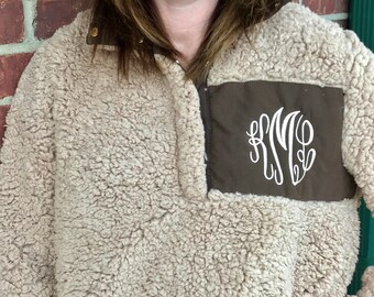 IN STOCK Monogram Sherpa Pullover Jacket, Monogram Sherpa Fleece Pullover, Monogram Fur Pullover, Sherpa Fleece Pullover