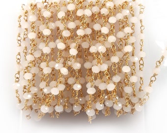 50% off 5 foot white moonstone chalcedony 3 to 4mm gold Plated wire wrapped Rosary Chain by foot