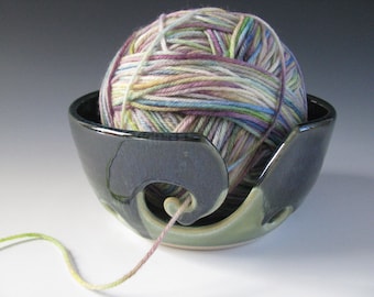 Ceramic Pottery Yarn Bowl Knitting Bowl in Midnight Blue and Spearmint Green Small Size