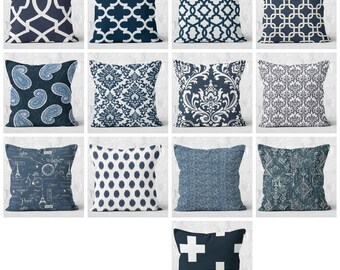 Navy blue pillow covers, navy and white decorative pillow covers, navy euro sham, pillow cover only,