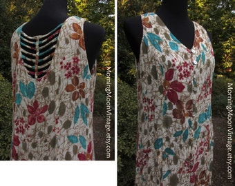 Vintage 90s Boho DRESS, Sleeveless MIDI MAXI, Beautiful Back Detail! Button-down, Floral Print Rayon Gauze, gypsy Bohemian Hippie Festival