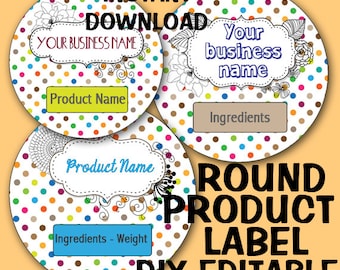 DIY Polka Dot ROUND "Editable" LABEL Instant Download -Soap labels -Lotion Labels -Body Butter Labels - Product Labels Editable-Scrapbooking