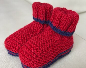 Handmade baby booties 3-6 months red and blue marune Merino