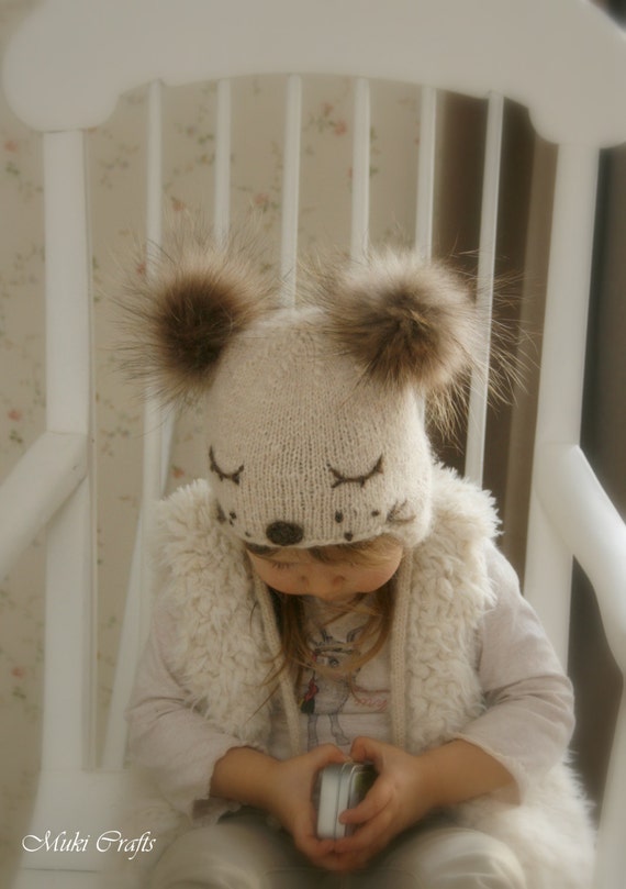 KNITTING PATTERN for kids ear flap hat Snow Dog with pompoms