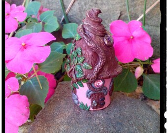 Miniature Fairy Garden House Handmade in Polymer Clay Pretty in Pink Cottage with Glow-in-the-dark Window for Teacup Gardens Terrariums