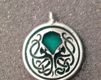 Aged pewter Cthulhu inverse small pendant with emerald green fill