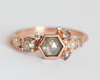 Diamond Cluster Ring, Grey Diamond Ring, Hexagon Cluster Ring, Rose Cut Diamond Ring, Grey Rose Cut Diamond Ring, One Of A Kind Diamond Ring