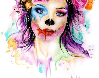 Sugar Skull girl flower crown print