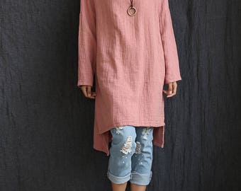Women LInen and Cotton T-Shirt – Round Nick Long cotton and linen dress-style long t-shirts