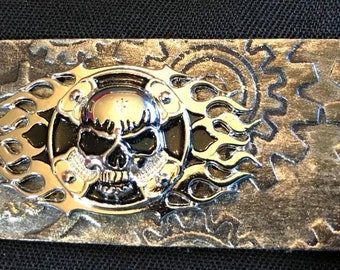 Skull & Fire Steampunk Gears Leather Bracelet