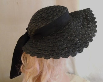 1930's Vintage Wide Brim Straw Hat Black with Long Ribbon Garden Party