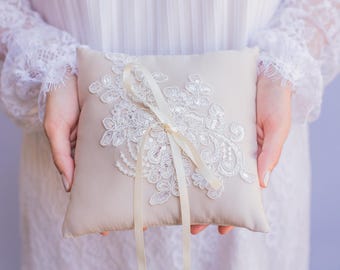 Champagne and Ivory French Lace Applique Ring Pillow - Handmade in the USA, Ring Bearer Pillow, Ring Pillow, Ring Boy