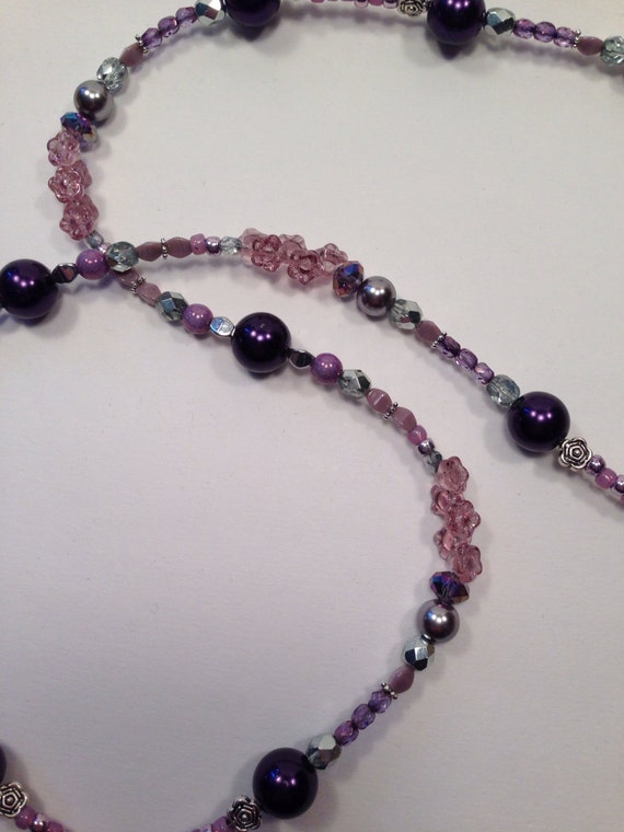Glass bead lanyard w/ purple pearls purple rainbow crystals
