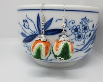 Boho Green and Orange Earrings, Fiber Beaded Earrings, Fun Summer Earrings, Boho style