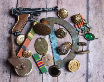 Vintage Assemblage Lot- Hardware Buttons Findings- Toy Gun- Militaria- Military Brass Tag- Found Object Lot