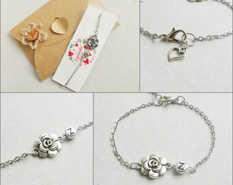 Rose bracelet Initial bracelet Flower bracelet Letter bracelet Best gift bracelets