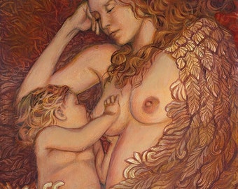 The Nestling 8x10 Fine Art Print Mythology Art Nouveau Angel Surreal Breastfeeding Mother and Child Goddess Art