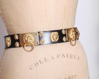 Vintage LION Belt FAUX Leather Belt STATEMENT Belt Gold Cat Belt