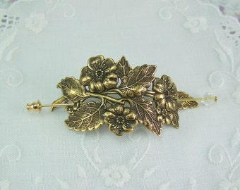 Shawl Pin, Scarf Pin, Sweater Pin, Flower Shawl Pin, Flower Scarf Pin, Crystal Stick Pin, Flower Bouquet, Bronze Flower Pin, Flower Pin
