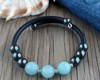 Cuff bracelet Stone bracelet Hematite aquamarine bracelet Aquamarine jewelry Gemstone bracelet Gift for her Blue black bracelet Jewelry cuff
