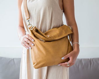 Tan Leather Folding Satchel Bag, Crossbody Handbag, Leather Shoulder Bag, Leather Satchel, Evening Leather Bag Tan Satchel Handbag