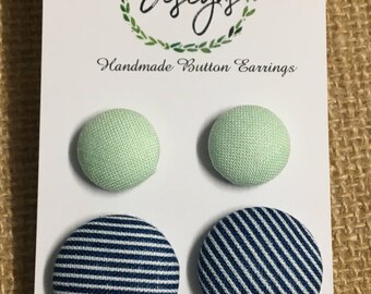Handmade Fabric Button Earrings - Minty Green & Blue Pin, These beauties are just the perfect statement for any and every outfit