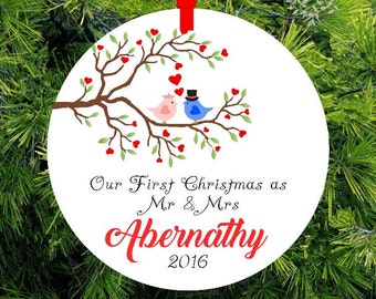 Our First Christmas as Mr & Mrs Ornament | Personalized Newlywed Gift | Lovebirds Ornament Couples Gift | Gift under 20 | CO-LBMM-2