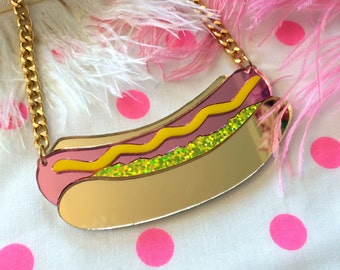 Hot Dog Laser Cut Acrylic Food Necklace, Laser Cut Acrylic, Plastic Jewelry