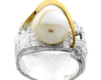Silver and Gold ring, Pearl + Clear CZ / synth Blue Opal + Clear CZ Ring, Womens silver ring, Unique silver ring, handmade