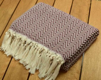 SALE %50 Personalized Burgundy Herringbone Design Cotton Blanket - Peshtemal Throw - 52"X72" -130cmx180cm-Monogrammed Embroidered