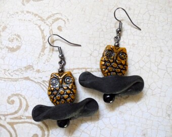 Black and Mustard Yellow Owl Earrings (2939)