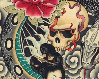 Alexander Henry Gothic Zen Charmer Geisha, Skull, Snake Collage 100% Cotton Fabric - HALF METRE