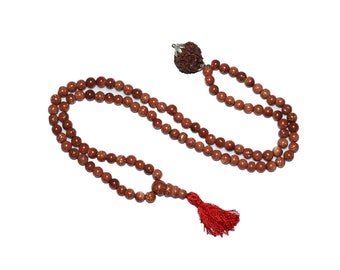 Natural Sunstone Mala Beads Rudraksha 5 face Pendant Calming Buddhist Precious Jewelry