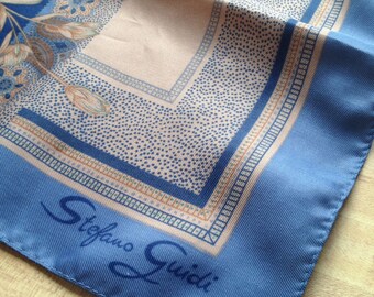 Stefano Guidi Floral Scarf, 26 x 26 designer scarf, Blue Tan Brown Green Scarf