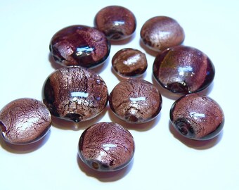 DESTASH - 10 Amethyst Purple Lentil Glass Beads with Silver Foil -- Lot 3Q