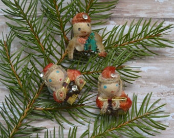 3 Vintage Spun Cotton & Chenille Christmas Clip-On Earrings
