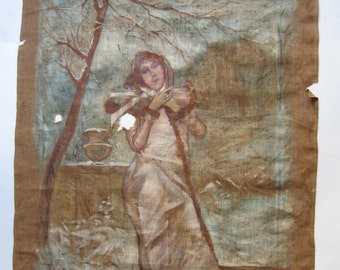 antique original oil painting, girl on the forest