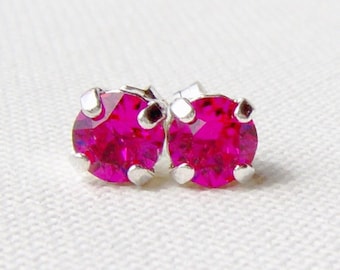 Fuchsia rhinestone stud earrings / surgical steel studs / Swarovski crystal / 6mm / hot pink earrings / gift for her / girlfriend gift