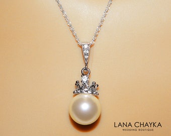 Pearl Crown Bridal Necklace, Swarovski 10mm Ivory Pearl Silver CZ Necklace, Bridal Jewelry, Wedding Pearl Necklace, Crown Charm Necklace