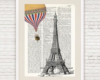 Dictionary Print EIFFEL TOWER and Hot Air BALLOON, vintage style, Hot air balloon, Paris prints, chic prints, Eiffel Tower wall art, #002
