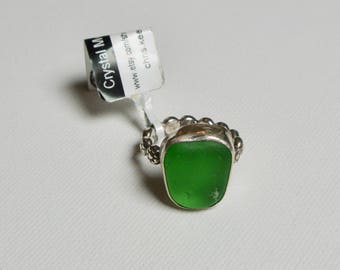 Beach glass Ring, sea glass Ring, Green glass, Green beach glass, lake Erie beach glass, crystal moon, Irish jewelry, ring size 5.5, beach