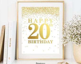 Happy 20th Birthday, Printable 20th birthday decor, 20th birthday sign, Birthday party decorations, Birthday Printable Banner,8x10 Printable