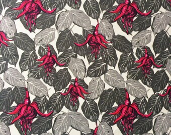 Fuchsias Leaf Fabric Velvet, bold patterned colourful textile design ideal for cushion, curtains, current tropical leaves style trend UK