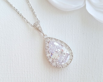 Crystal Pendant Wedding Necklace Simple Drop Necklace for Brides Cubic Zirconia Bridesmaid Teardrop Necklace Wedding Jewelry, Evelyn