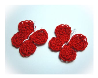 set of 2 butterflies in red cotton crochet