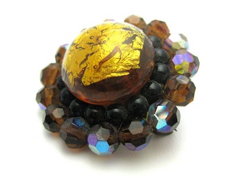 Vintage 30s Foil Brooch | 1930s Brooch | Aurora Borealis Brooch | Round Brooch | Statement Brooch | Flower Brooch | Statement Pin