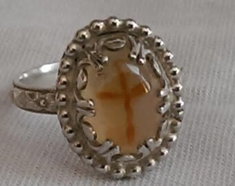 Jerusalem Stone Agate Cross Sterling Silver Ring Jewelry - Religious - Christian Baptism Communion Crucifix Cross Ring