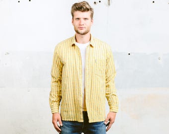 Atomic Print Shirt . Long Sleeve Shirt Southwestern Shirt 70s Yellow Shirt Vintage Shirt for Men Ethnic Shirt . size Large